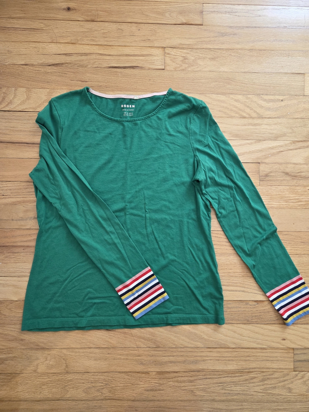 Boden Womens Size US 8 Green Long-Sleeve Crewneck Top with Striped Cuffs